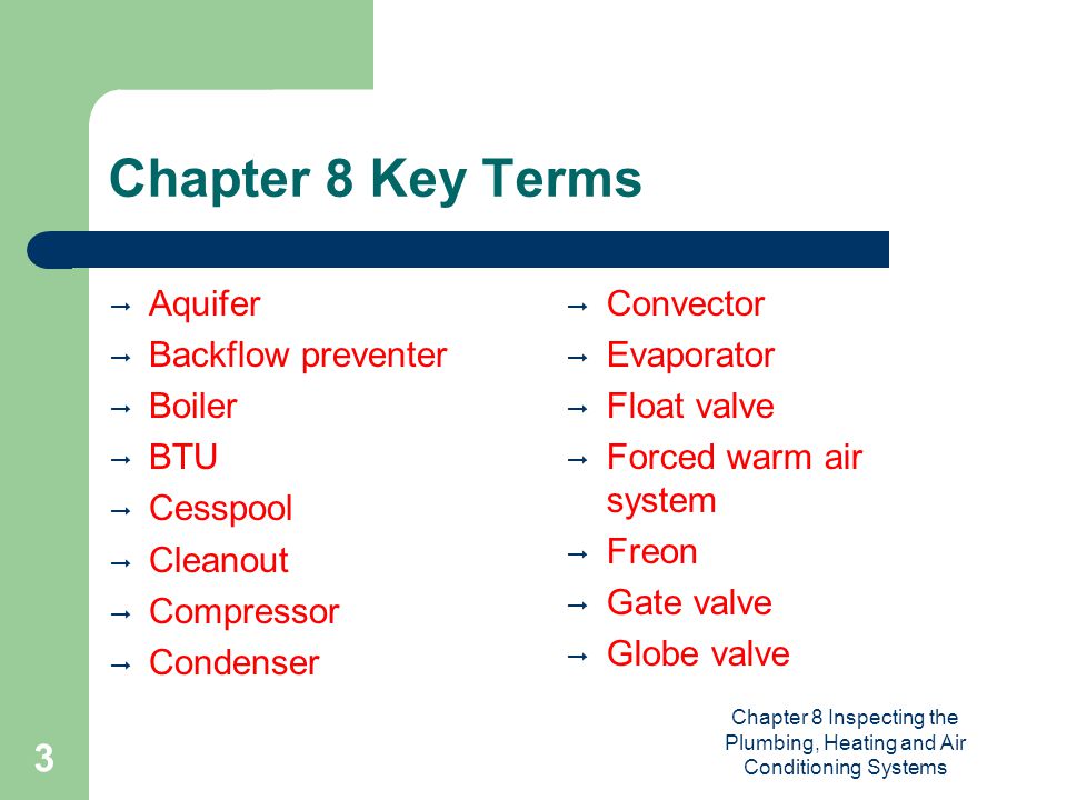 Chapter 8 Inspecting the Plumbing, Heating and Air Conditioning Systems 3 Chapter 8 Key Terms  Aquifer  Backflow preventer  Boiler  BTU  Cesspool  Cleanout  Compressor  Condenser  Convector  Evaporator  Float valve  Forced warm air system  Freon  Gate valve  Globe valve