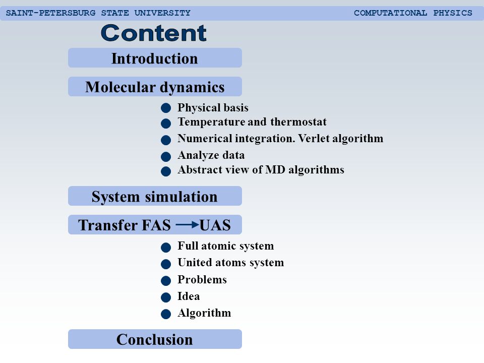 Transfer FAS UAS SAINT-PETERSBURG STATE UNIVERSITY COMPUTATIONAL PHYSICS  Introduction Physical basis Molecular dynamics Temperature and thermostat  Numerical. - ppt download
