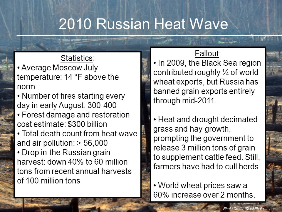 2010 Russian Heat Wave Statistics: Average Moscow July temperature: 14 °F above the norm Number of fires starting every day in early August: Forest damage and restoration cost estimate: $300 billion Total death count from heat wave and air pollution: > 56,000 Drop in the Russian grain harvest: down 40% to 60 million tons from recent annual harvests of 100 million tons Fallout: In 2009, the Black Sea region contributed roughly ¼ of world wheat exports, but Russia has banned grain exports entirely through mid-2011.