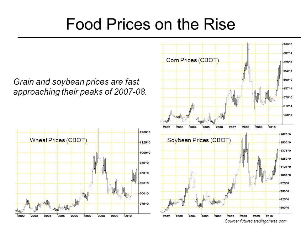 Food Prices on the Rise Grain and soybean prices are fast approaching their peaks of
