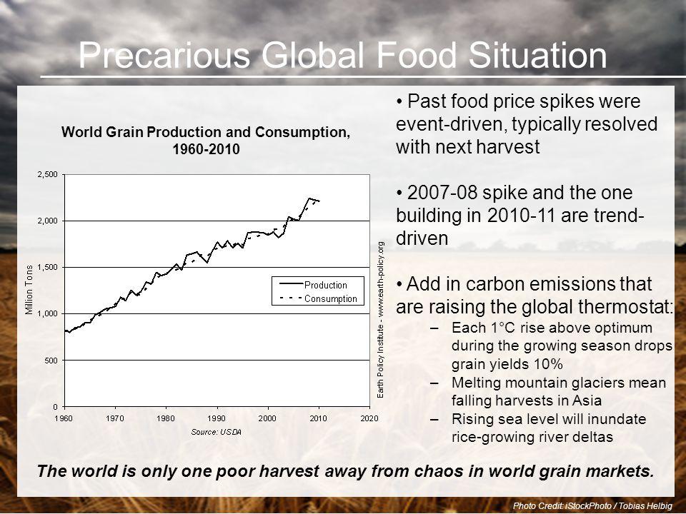 Precarious Global Food Situation Past food price spikes were event-driven, typically resolved with next harvest spike and the one building in are trend- driven Add in carbon emissions that are raising the global thermostat: –Each 1°C rise above optimum during the growing season drops grain yields 10% –Melting mountain glaciers mean falling harvests in Asia –Rising sea level will inundate rice-growing river deltas World Grain Production and Consumption, The world is only one poor harvest away from chaos in world grain markets.
