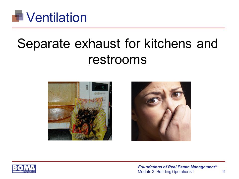 Foundations of Real Estate Management Module 3: Building Operations I 11 ® Ventilation Separate exhaust for kitchens and restrooms