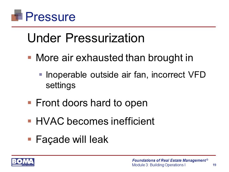 Foundations of Real Estate Management Module 3: Building Operations I 19 ® Pressure Under Pressurization  More air exhausted than brought in  Inoperable outside air fan, incorrect VFD settings  Front doors hard to open  HVAC becomes inefficient  Façade will leak