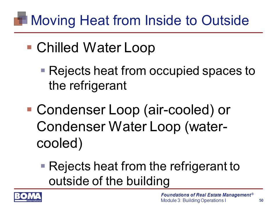 Foundations of Real Estate Management Module 3: Building Operations I 50 ® Moving Heat from Inside to Outside  Chilled Water Loop  Rejects heat from occupied spaces to the refrigerant  Condenser Loop (air-cooled) or Condenser Water Loop (water- cooled)  Rejects heat from the refrigerant to outside of the building