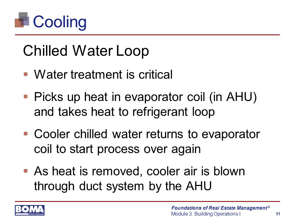 Foundations of Real Estate Management Module 3: Building Operations I 51 ® Cooling Chilled Water Loop  Water treatment is critical  Picks up heat in evaporator coil (in AHU) and takes heat to refrigerant loop  Cooler chilled water returns to evaporator coil to start process over again  As heat is removed, cooler air is blown through duct system by the AHU