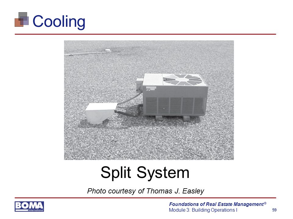 Foundations of Real Estate Management Module 3: Building Operations I 59 ® Cooling Split System Photo courtesy of Thomas J.