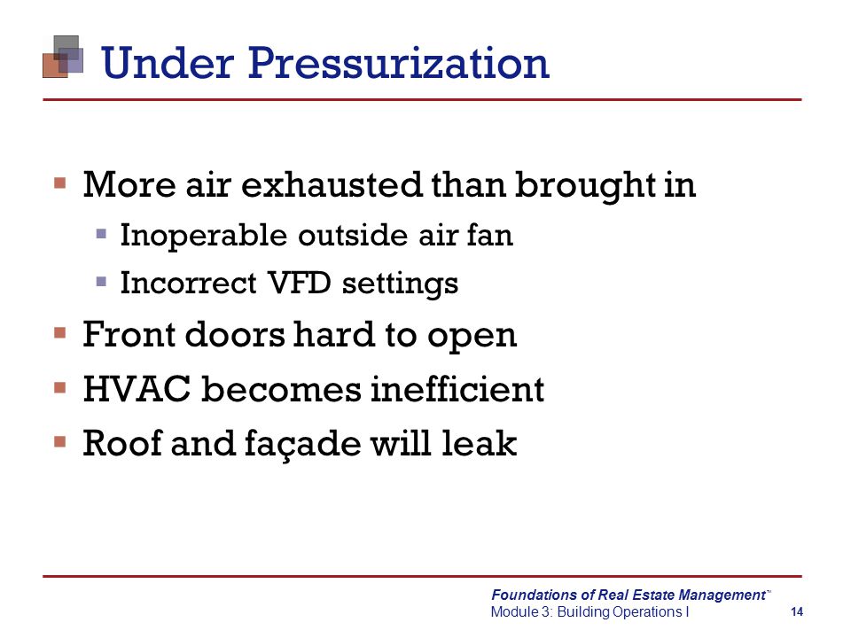 Foundations of Real Estate Management Module 3: Building Operations I TM 14 Under Pressurization  More air exhausted than brought in  Inoperable outside air fan  Incorrect VFD settings  Front doors hard to open  HVAC becomes inefficient  Roof and façade will leak