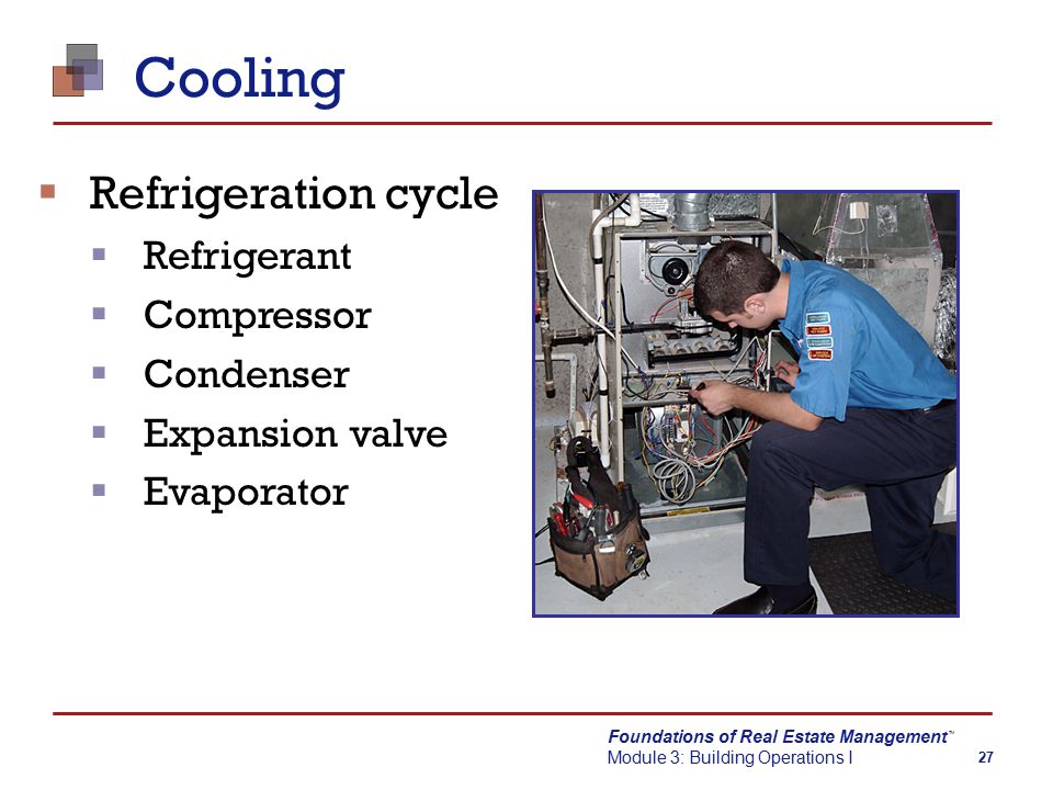 Foundations of Real Estate Management Module 3: Building Operations I TM 27 Cooling  Refrigeration cycle  Refrigerant  Compressor  Condenser  Expansion valve  Evaporator
