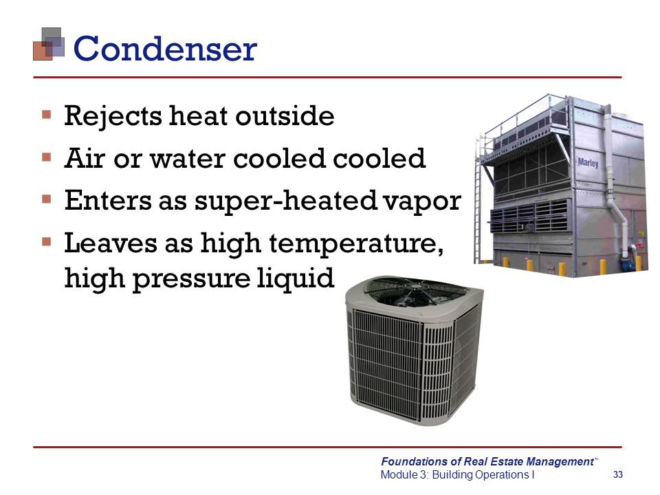 Foundations of Real Estate Management Module 3: Building Operations I TM 33 Condenser  Rejects heat outside  Air or water cooled cooled  Enters as super-heated vapor  Leaves as high temperature, high pressure liquid