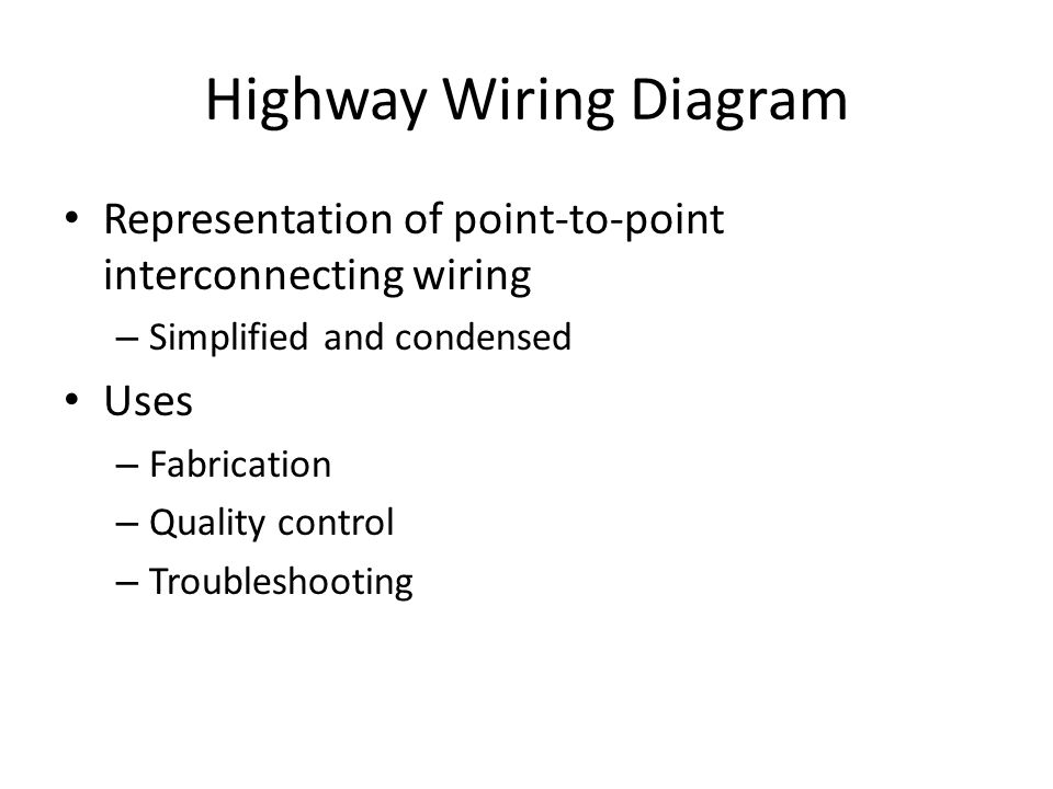 Highway Wiring Diagram Representation of point-to-point interconnecting wiring – Simplified and condensed Uses – Fabrication – Quality control – Troubleshooting