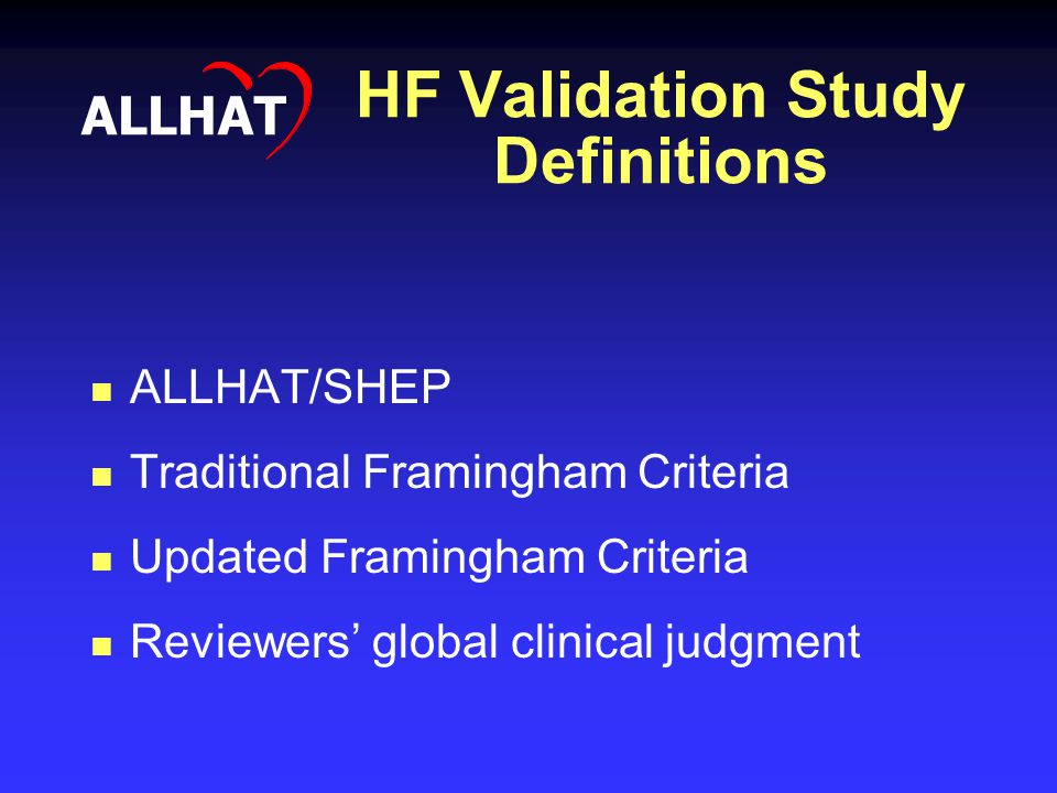 HF Validation Study Definitions ALLHAT ALLHAT/SHEP Traditional Framingham Criteria Updated Framingham Criteria Reviewers’ global clinical judgment