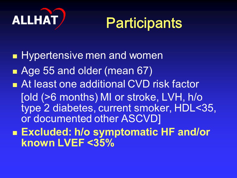 Participants Hypertensive men and women Age 55 and older (mean 67) At least one additional CVD risk factor [old (>6 months) MI or stroke, LVH, h/o type 2 diabetes, current smoker, HDL<35, or documented other ASCVD] Excluded: h/o symptomatic HF and/or known LVEF <35% ALLHAT