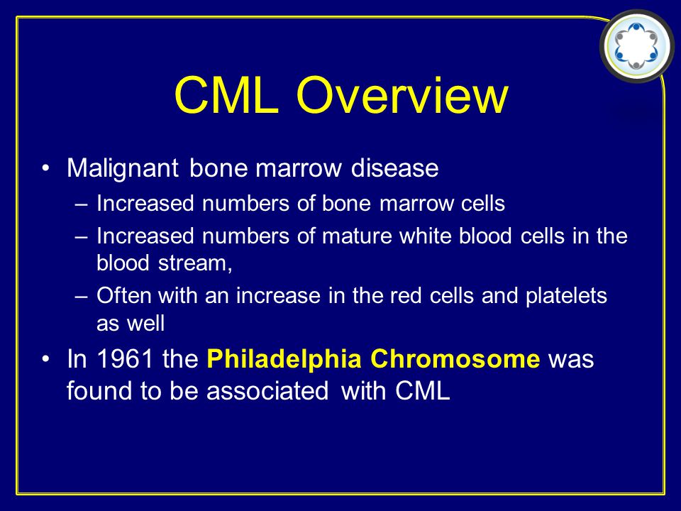CML Overview Malignant bone marrow disease –Increased numbers of bone marrow cells –Increased numbers of mature white blood cells in the blood stream, –Often with an increase in the red cells and platelets as well In 1961 the Philadelphia Chromosome was found to be associated with CML
