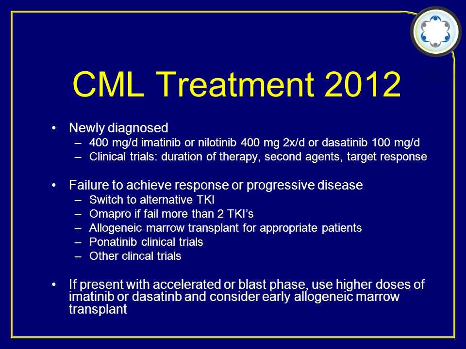 CML Treatment 2012 Newly diagnosed –400 mg/d imatinib or nilotinib 400 mg 2x/d or dasatinib 100 mg/d –Clinical trials: duration of therapy, second agents, target response Failure to achieve response or progressive disease –Switch to alternative TKI –Omapro if fail more than 2 TKI’s –Allogeneic marrow transplant for appropriate patients –Ponatinib clinical trials –Other clincal trials If present with accelerated or blast phase, use higher doses of imatinib or dasatinb and consider early allogeneic marrow transplant