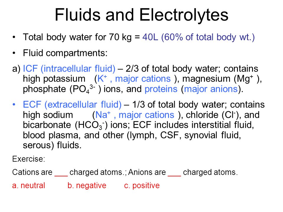 Fluids and Electrolytes Total body water for 70 kg = 40L (60% of total body wt.) Fluid compartments: a) ICF (intracellular fluid) – 2/3 of total body water; contains high potassium (K +, major cations ), magnesium (Mg + ), phosphate (PO 4 3- ) ions, and proteins (major anions).
