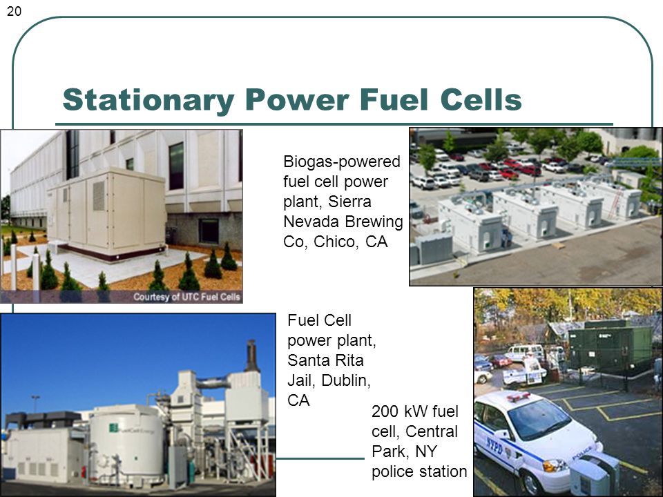 Stationary Power Fuel Cells Fuel Cell power plant, Santa Rita Jail, Dublin, CA Biogas-powered fuel cell power plant, Sierra Nevada Brewing Co, Chico, CA 200 kW fuel cell, Central Park, NY police station 20