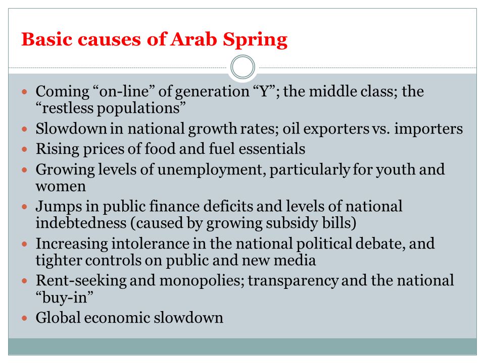 Basic causes of Arab Spring Coming on-line of generation Y ; the middle class; the restless populations Slowdown in national growth rates; oil exporters vs.