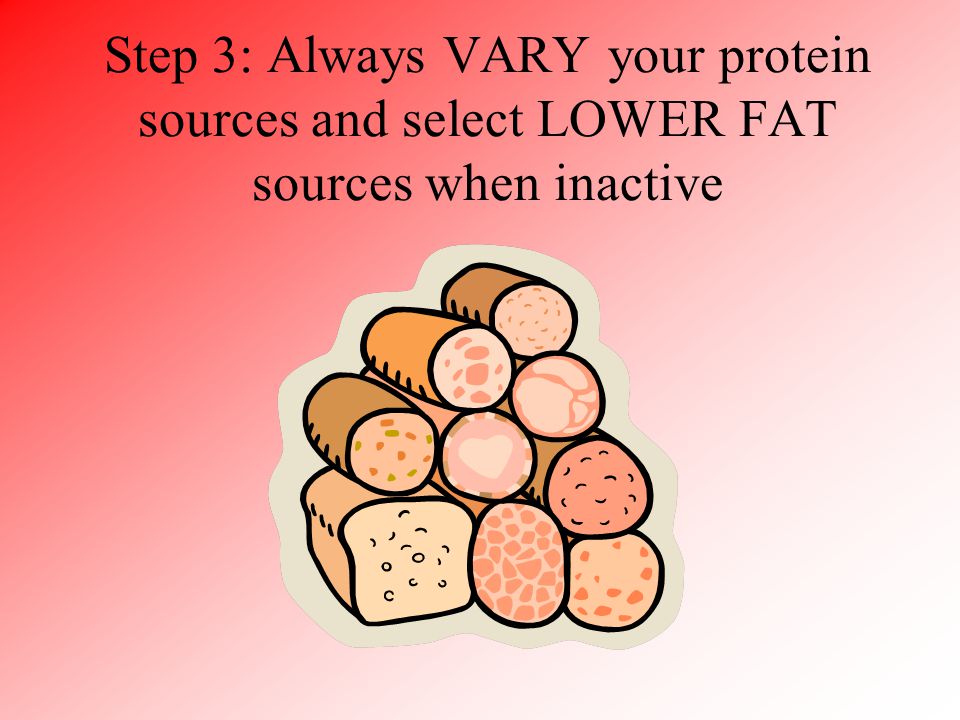 Step 3: Always VARY your protein sources and select LOWER FAT sources when inactive