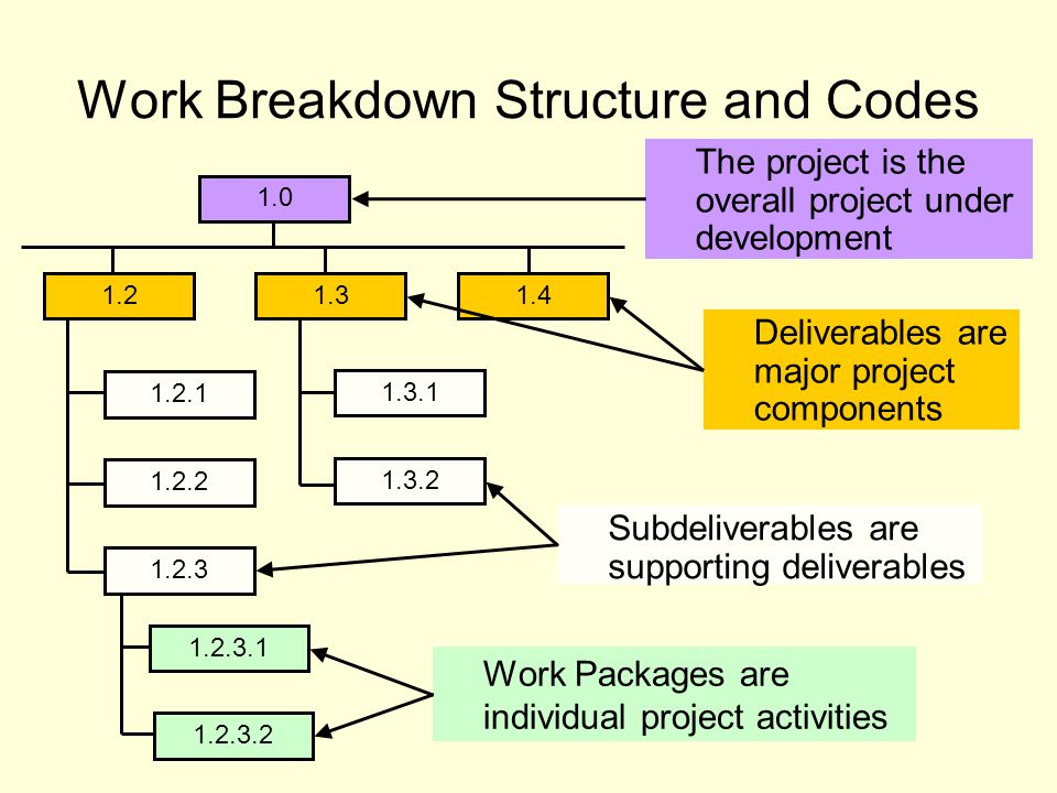 Work Breakdown Structure and Codes Work Packages are individual project activities Deliverables are major project components Subdeliverables are supporting deliverables The project is the overall project under development