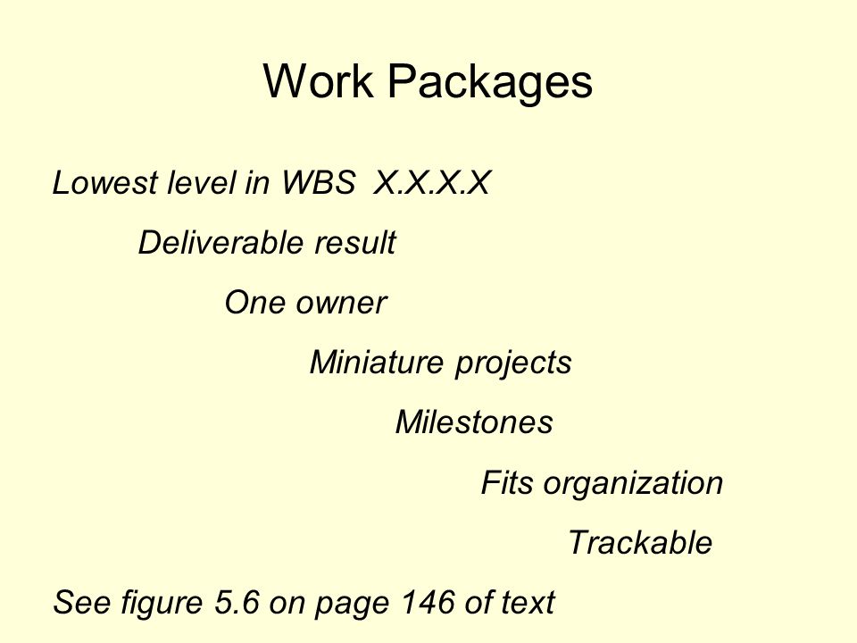 Work Packages Lowest level in WBS X.X.X.X Deliverable result One owner Miniature projects Milestones Fits organization Trackable See figure 5.6 on page 146 of text