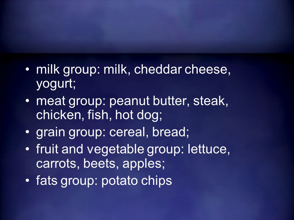 milk group: milk, cheddar cheese, yogurt; meat group: peanut butter, steak, chicken, fish, hot dog; grain group: cereal, bread; fruit and vegetable group: lettuce, carrots, beets, apples; fats group: potato chips
