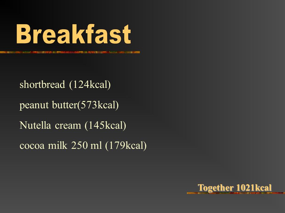 shortbread (124kcal) peanut butter(573kcal) Nutella cream (145kcal) cocoa milk 250 ml (179kcal) Together 1021kcal
