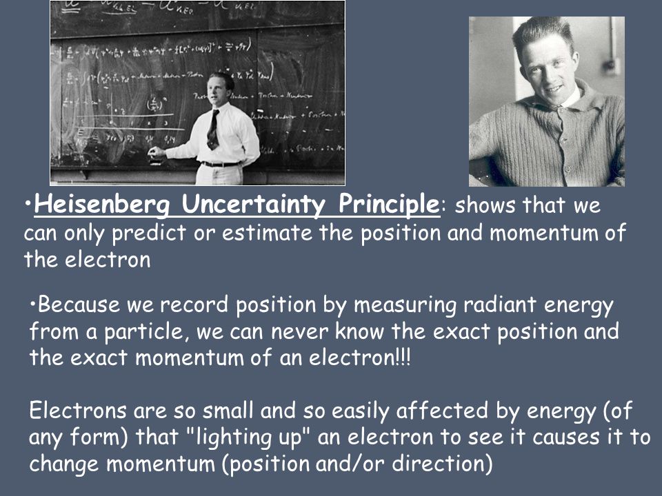 Heisenberg Uncertainty Principle : shows that we can only predict or estimate the position and momentum of the electron Because we record position by measuring radiant energy from a particle, we can never know the exact position and the exact momentum of an electron!!.
