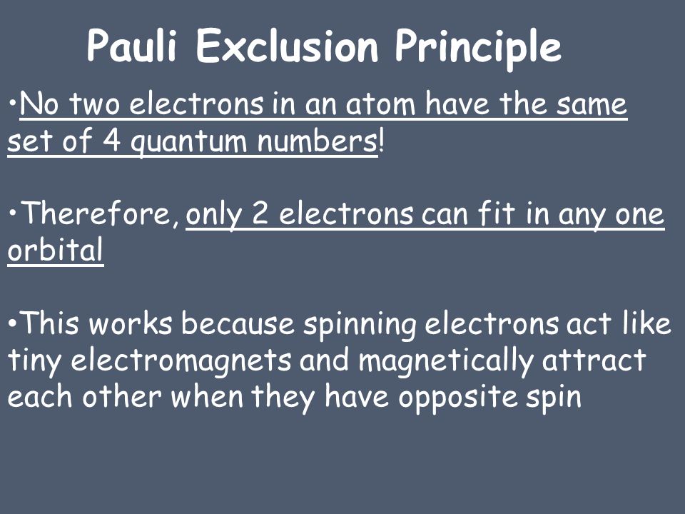 No two electrons in an atom have the same set of 4 quantum numbers.