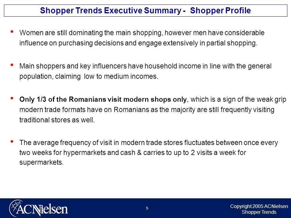 Copyright 2005 ACNielsen Shopper Trends 5 Shopper Trends Executive Summary - Shopper Profile Women are still dominating the main shopping, however men have considerable influence on purchasing decisions and engage extensively in partial shopping.