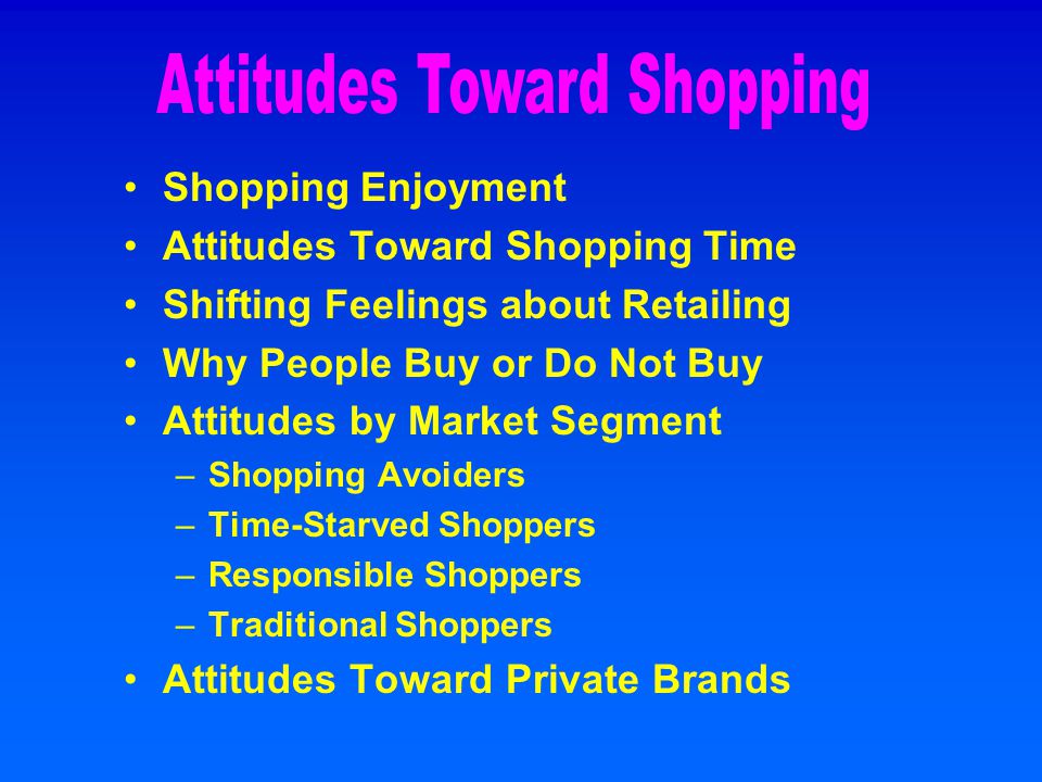 Shopping Enjoyment Attitudes Toward Shopping Time Shifting Feelings about Retailing Why People Buy or Do Not Buy Attitudes by Market Segment –Shopping Avoiders –Time-Starved Shoppers –Responsible Shoppers –Traditional Shoppers Attitudes Toward Private Brands