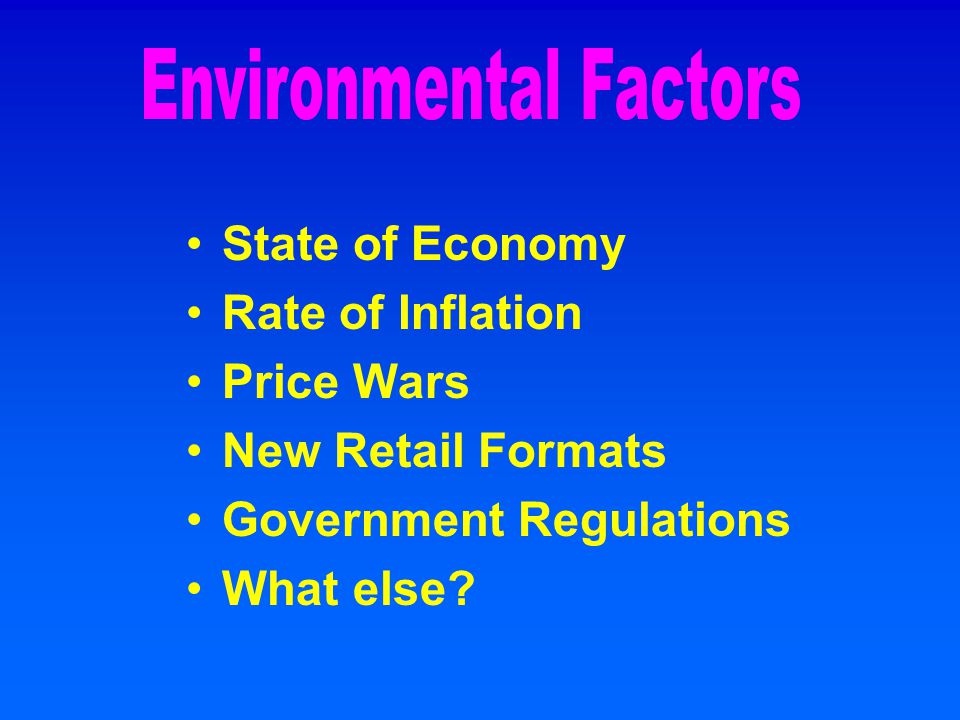 State of Economy Rate of Inflation Price Wars New Retail Formats Government Regulations What else