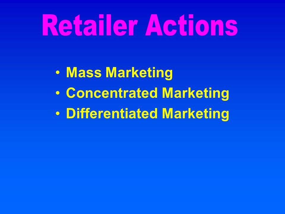 Mass Marketing Concentrated Marketing Differentiated Marketing