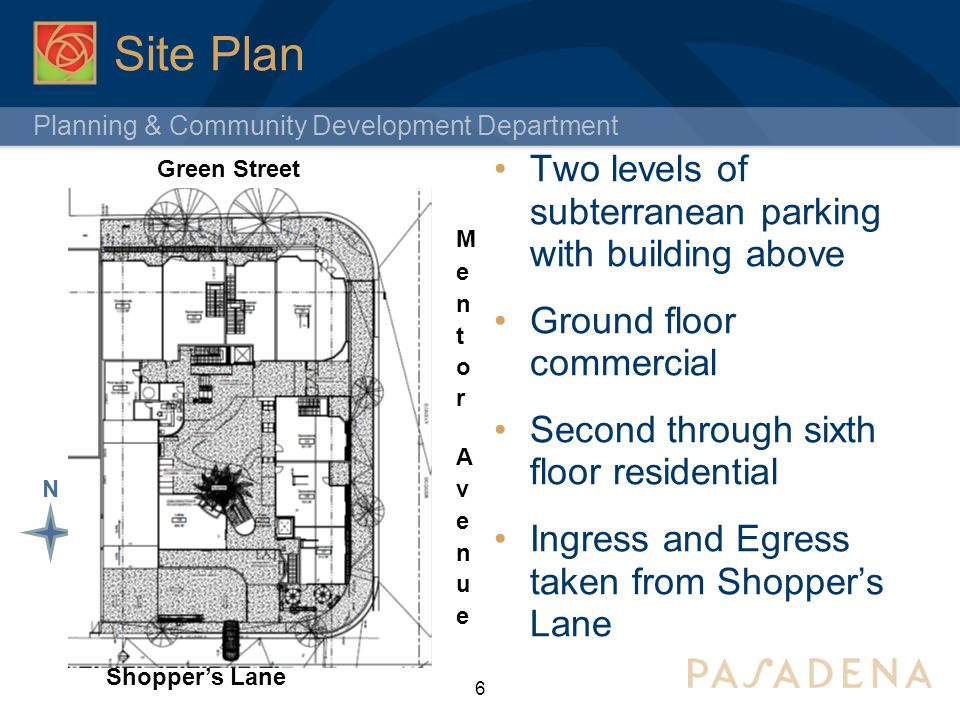 Planning & Community Development Department Site Plan 6 Two levels of subterranean parking with building above Ground floor commercial Second through sixth floor residential Ingress and Egress taken from Shopper’s Lane Shopper’s Lane N Green Street Driveway entrance mixed-use