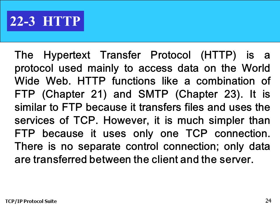 TCP/IP Protocol Suite HTTP The Hypertext Transfer Protocol (HTTP) is a protocol used mainly to access data on the World Wide Web.