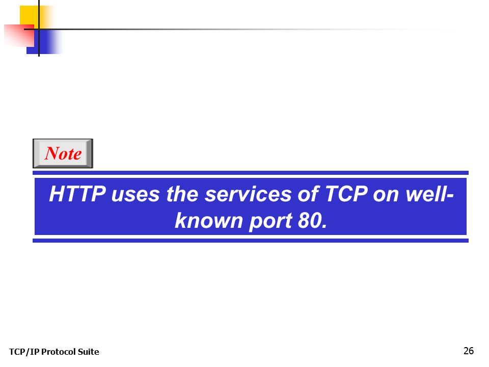 TCP/IP Protocol Suite 26 HTTP uses the services of TCP on well- known port 80. Note