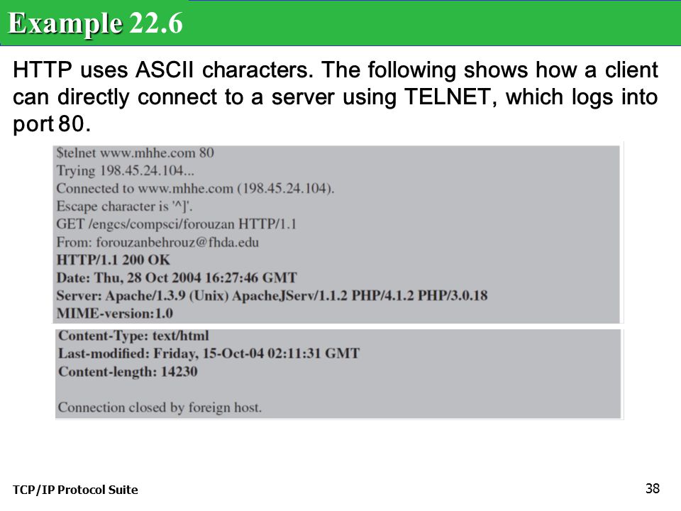 TCP/IP Protocol Suite 38 HTTP uses ASCII characters.