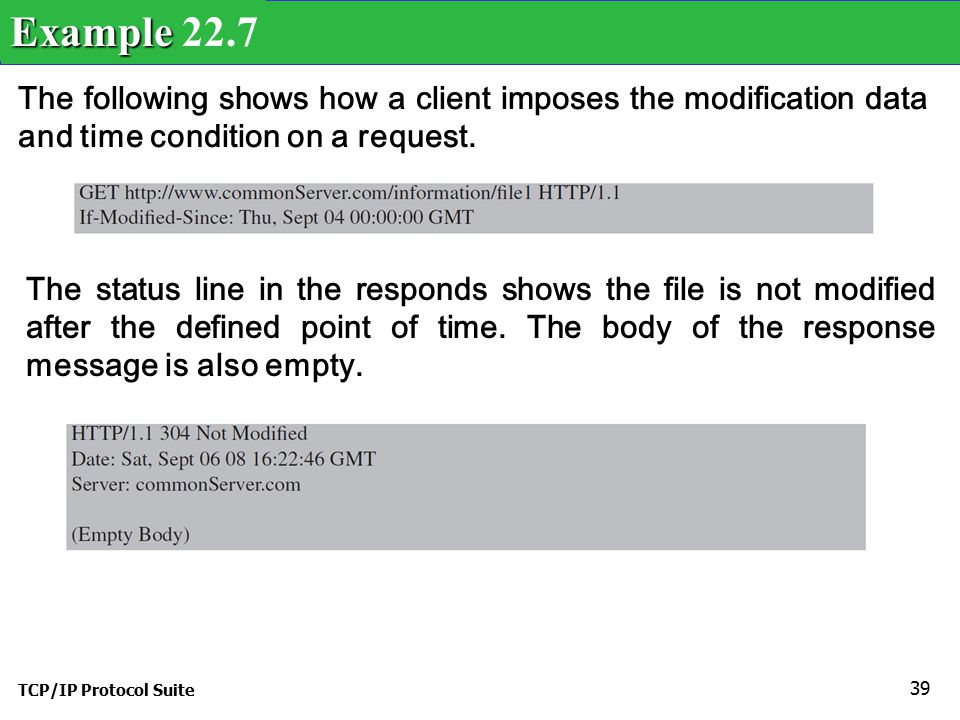 TCP/IP Protocol Suite 39 The following shows how a client imposes the modification data and time condition on a request.