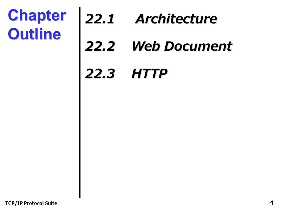 TCP/IP Protocol Suite 4 Chapter Outline 22.1 Architecture 22.2 Web Document 22.3 HTTP