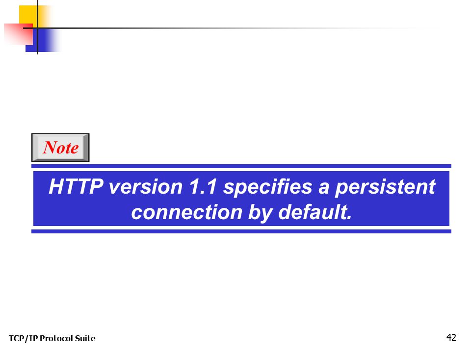 TCP/IP Protocol Suite 42 HTTP version 1.1 specifies a persistent connection by default. Note