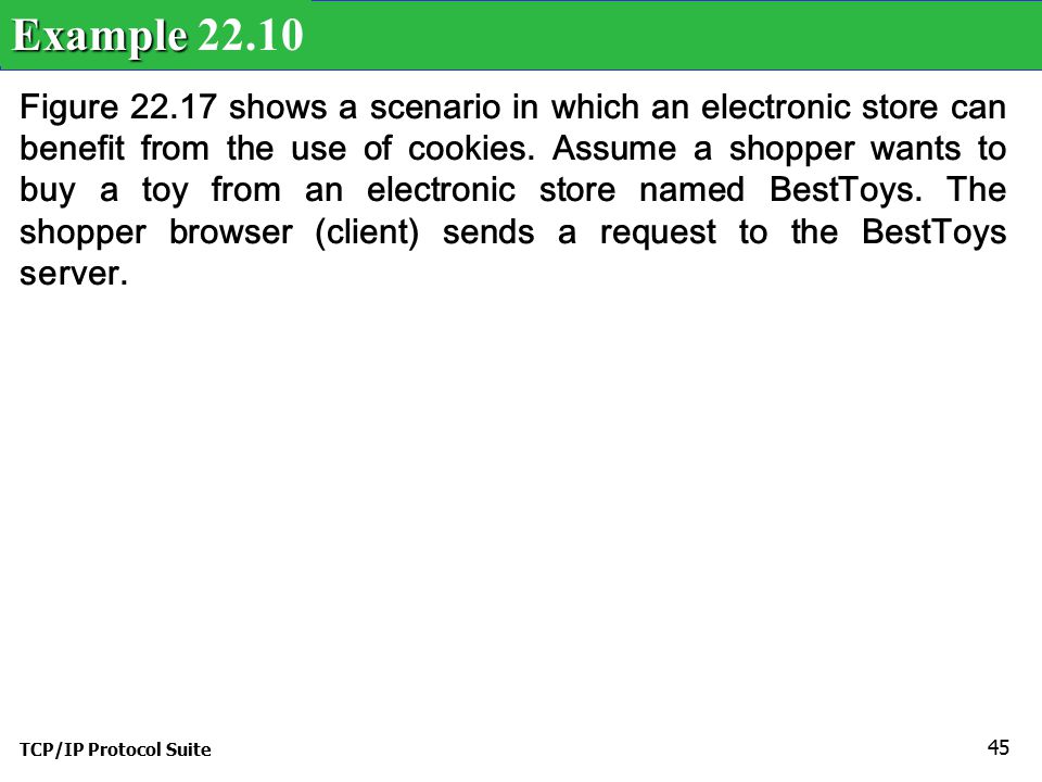 TCP/IP Protocol Suite 45 Figure shows a scenario in which an electronic store can benefit from the use of cookies.