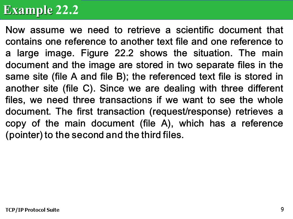TCP/IP Protocol Suite 9 Now assume we need to retrieve a scientific document that contains one reference to another text file and one reference to a large image.