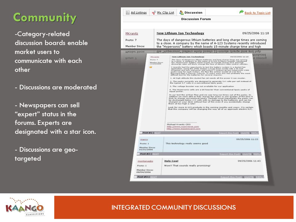 INTEGRATED COMMUNITY DISCUSSIONS -Category-related discussion boards enable market users to communicate with each other - Discussions are moderated - Newspapers can sell expert status in the forums.