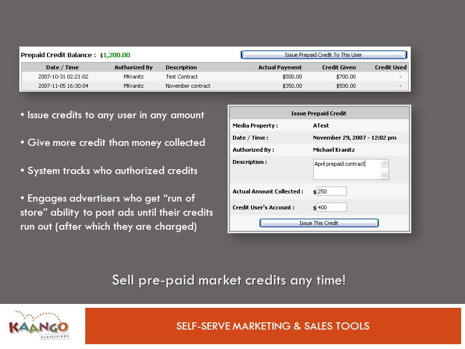 SELF-SERVE MARKETING & SALES TOOLS Sell pre-paid market credits any time.