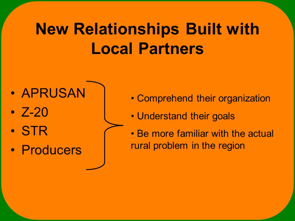 New Relationships Built with Local Partners APRUSAN Z-20 STR Producers Comprehend their organization Understand their goals Be more familiar with the actual rural problem in the region