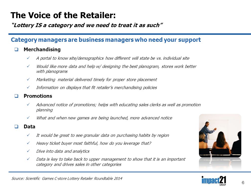 6 The Voice of the Retailer: Lottery IS a category and we need to treat it as such Category managers are business managers who need your support  Merchandising A portal to know site/demographics how different will state be vs.
