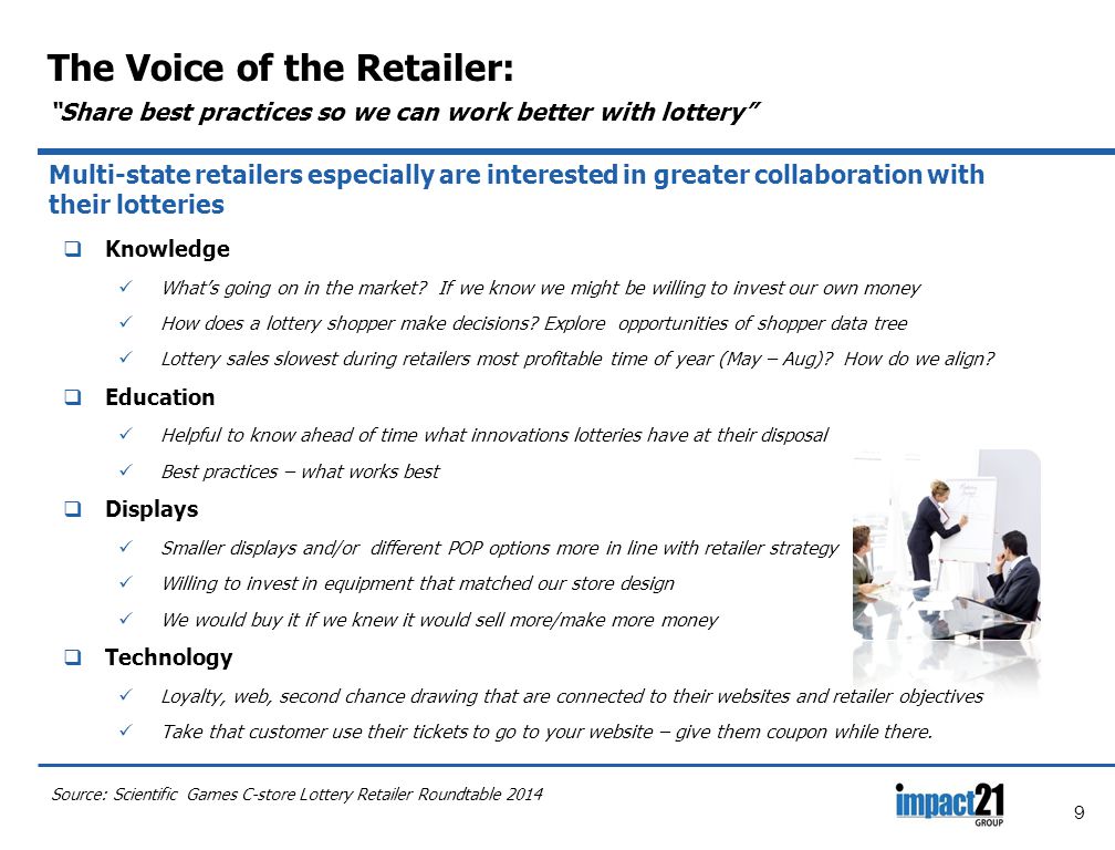 9 The Voice of the Retailer: Share best practices so we can work better with lottery Multi-state retailers especially are interested in greater collaboration with their lotteries  Knowledge What’s going on in the market.