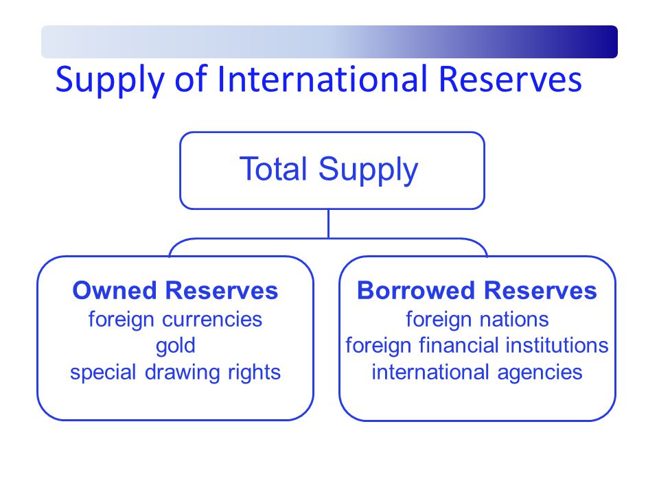 Supply of International Reserves Borrowed Reserves foreign nations foreign financial institutions international agencies Owned Reserves foreign currencies gold special drawing rights Total Supply