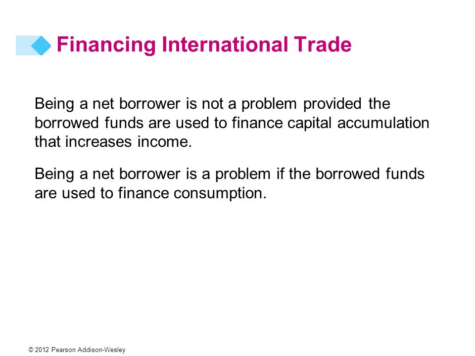 © 2012 Pearson Addison-Wesley Being a net borrower is not a problem provided the borrowed funds are used to finance capital accumulation that increases income.