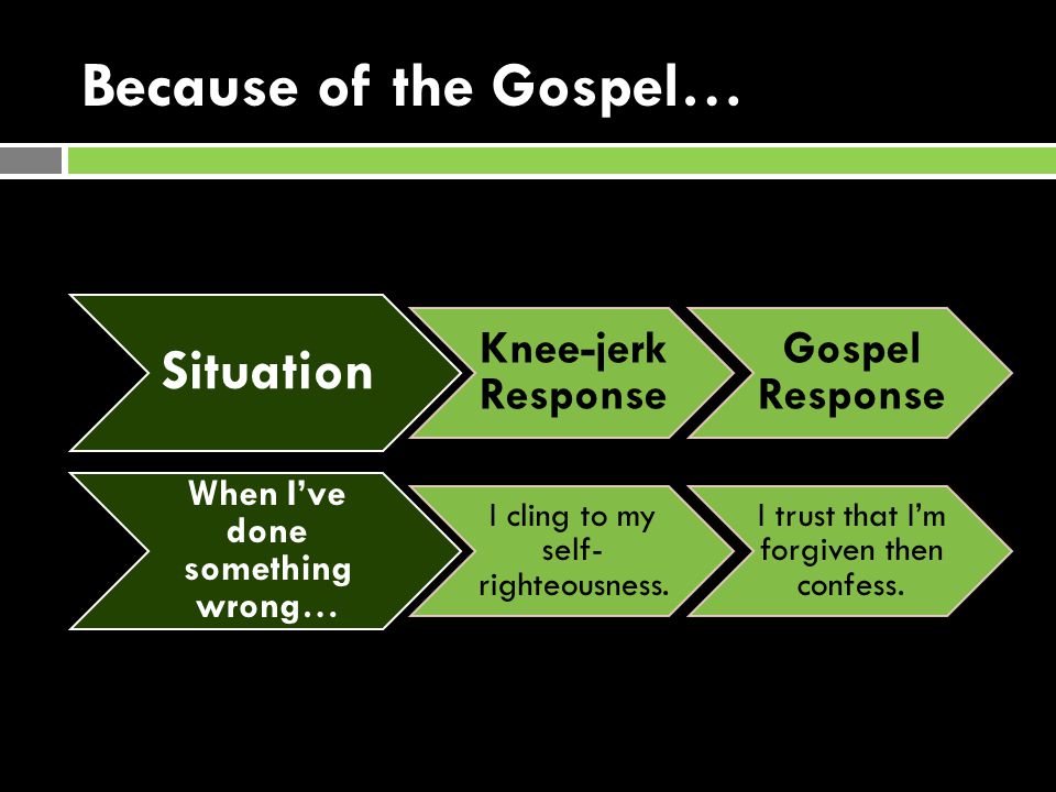 Because of the Gospel… Situation Knee-jerk Response Gospel Response When I’ve done something wrong… I cling to my self- righteousness.