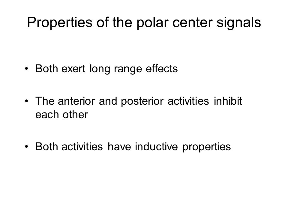 Properties of the polar center signals Both exert long range effects The anterior and posterior activities inhibit each other Both activities have inductive properties
